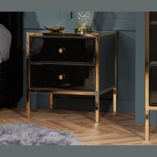 Fenwick Black & Gold Mirrored 2 drawer Bedside Chest My Store