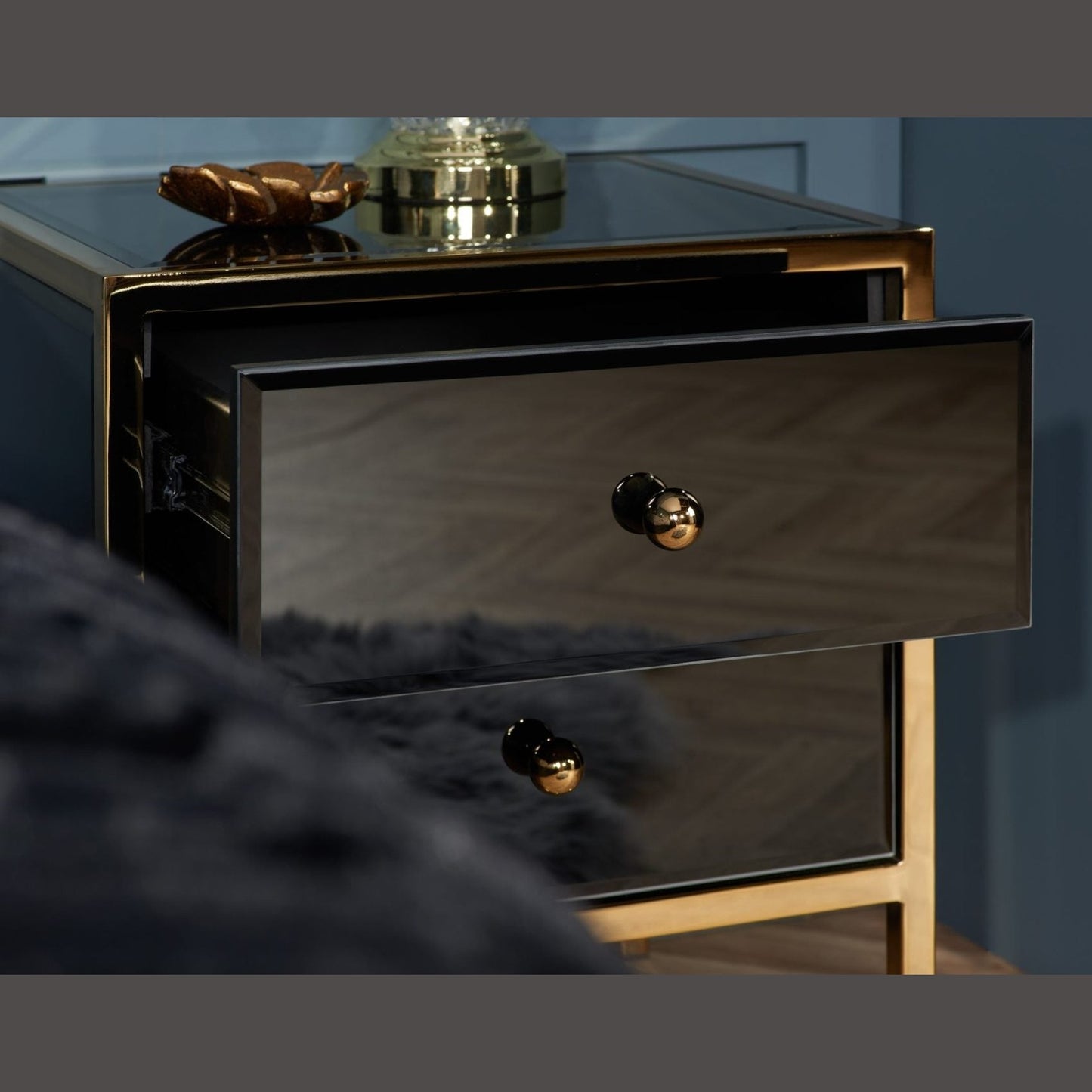 Fenwick Black & Gold Mirrored 2 drawer Bedside Chest My Store
