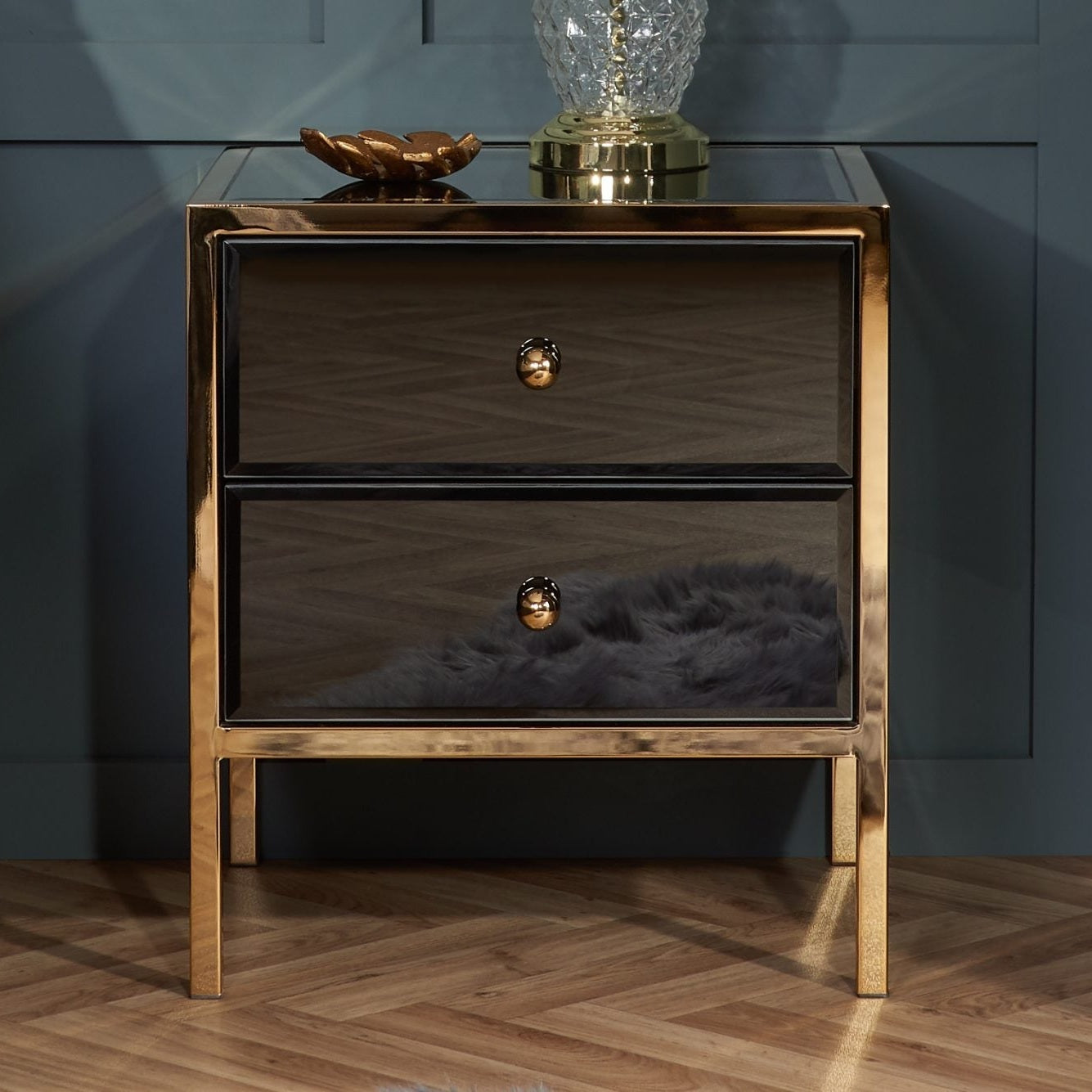 Fenwick Black & Gold Mirrored 2 drawer Bedside Chest My Store
