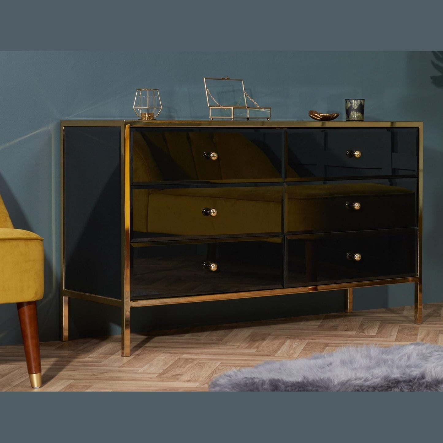 Fenwick Black & Gold Mirrored 6 drawer Chest My Store