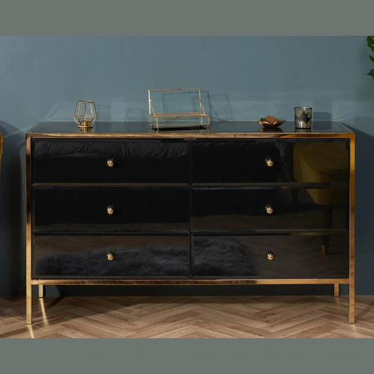 Fenwick Black & Gold Mirrored 6 drawer Chest My Store