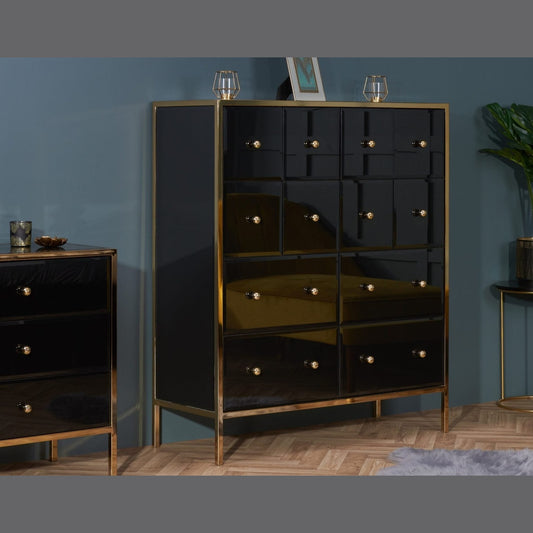 Fenwick Black & Gold Mirrored 12 drawer Chest My Store
