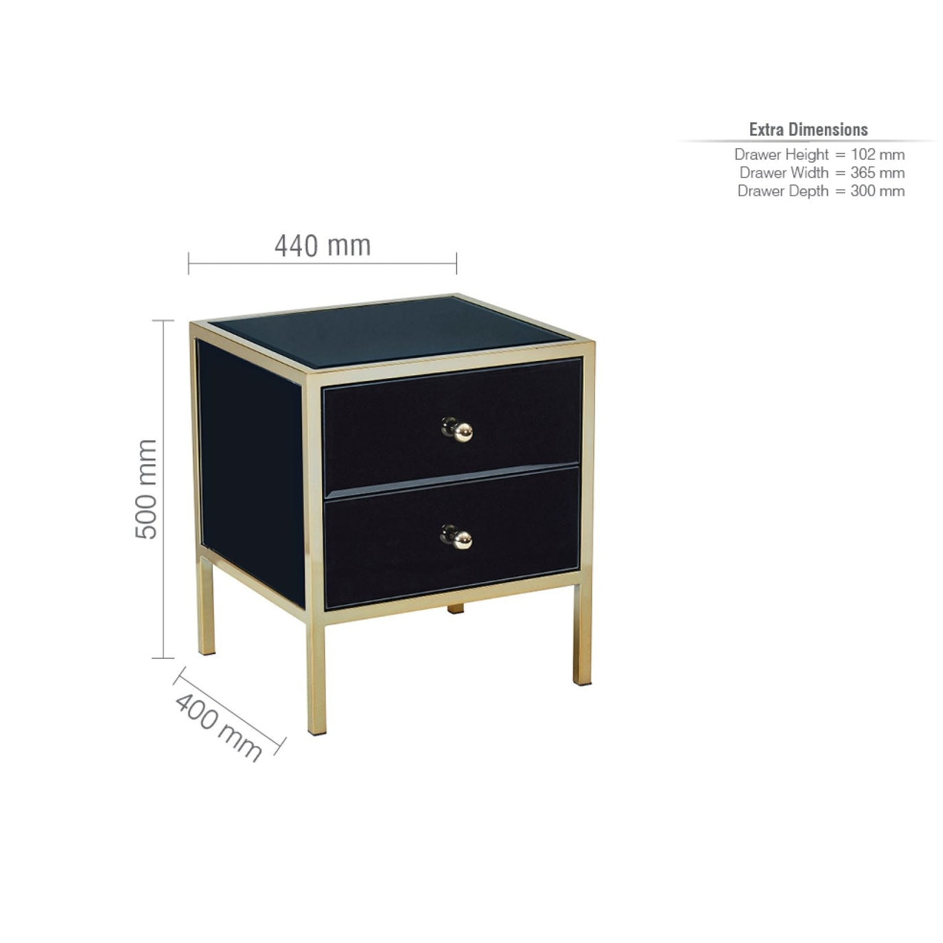 Fenwick Black & Gold Mirrored 2 drawer Bedside Chest My Store